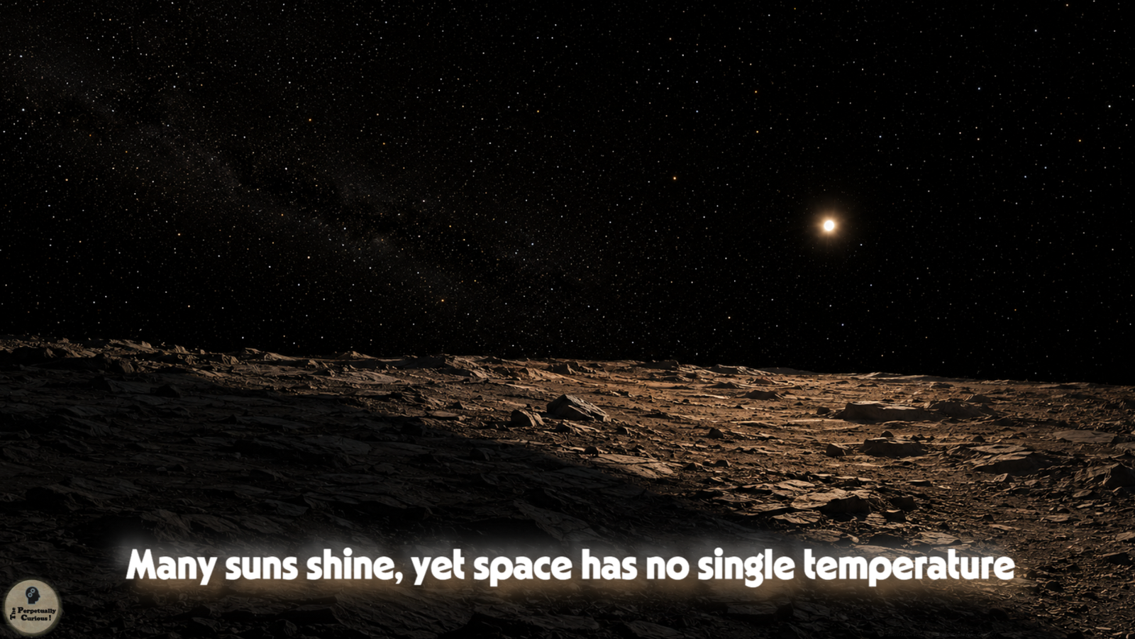 Editorial visualization showing one locally dominant star illuminating an airless rocky surface beneath a black sky filled with many distant stars.