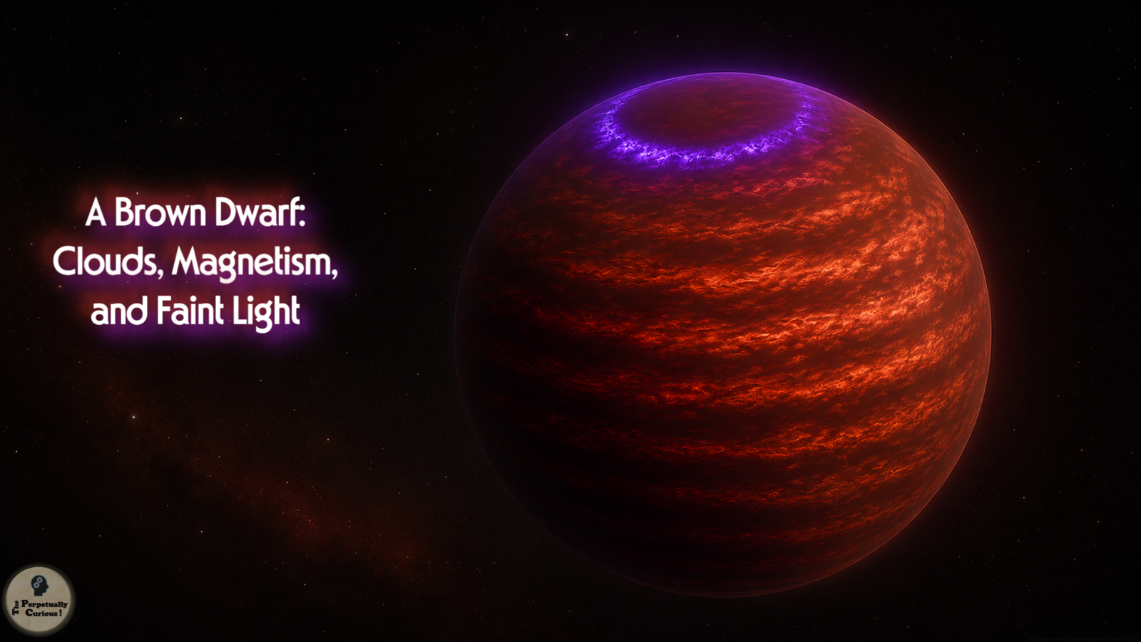 Illustration: False-color view of a single reddish brown dwarf with layered cloud bands and a violet polar auroral oval against a sparse starfield.