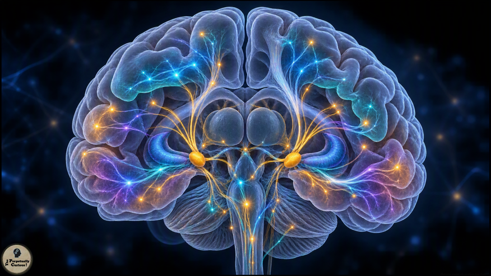Rendering of a transparent coronal-oblique human brain with small gold amygdalae positioned beside blue hippocampal formations in the lower medial temporal regions and connected through distributed neural pathways.