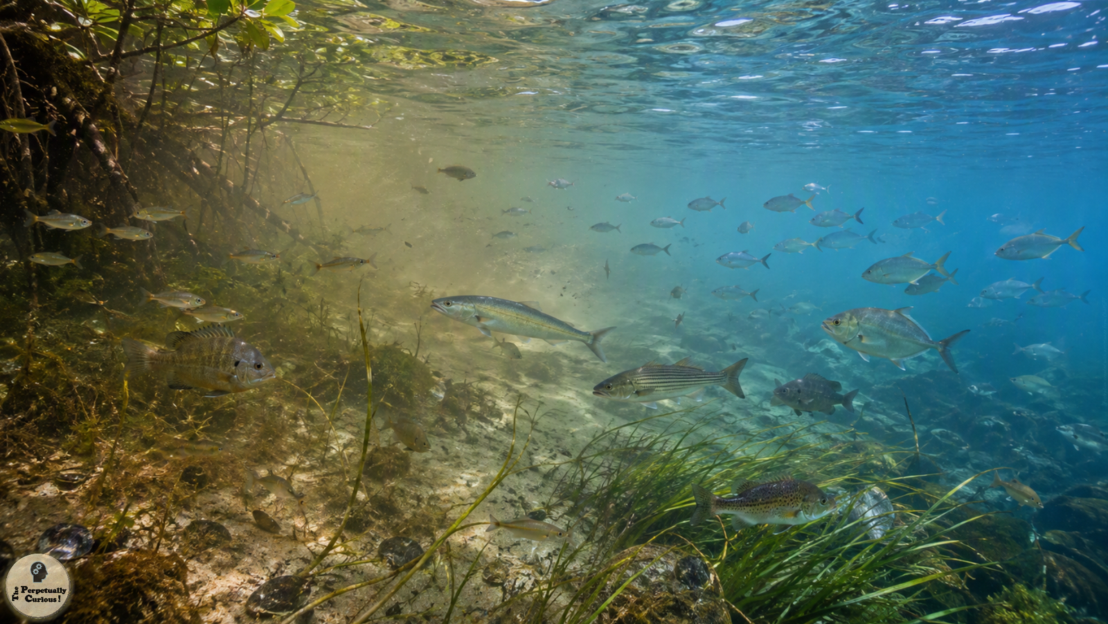 Photorealistic view of fish swimming through a continuous estuarine transition from shallow, vegetation-lined water to clearer coastal water, with overlapping fish groups across the scene.