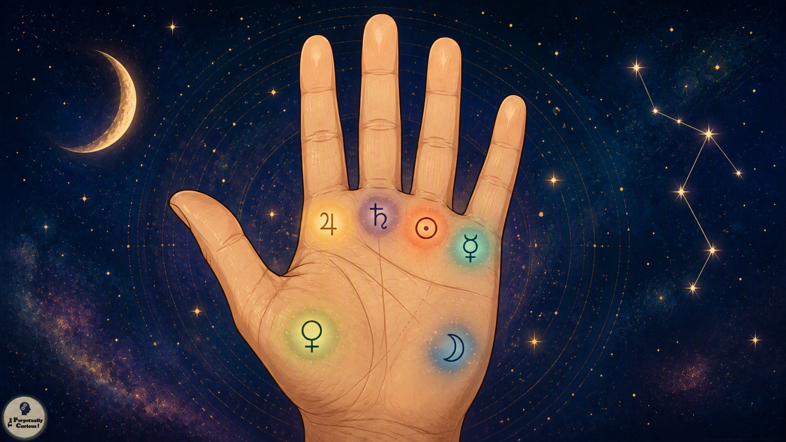 Illustration of an open palm with traditional palmistry symbols for Jupiter, Saturn, the Sun or Apollo, Mercury, Venus, and the Moon positioned over their conventional regions against a star-filled background.