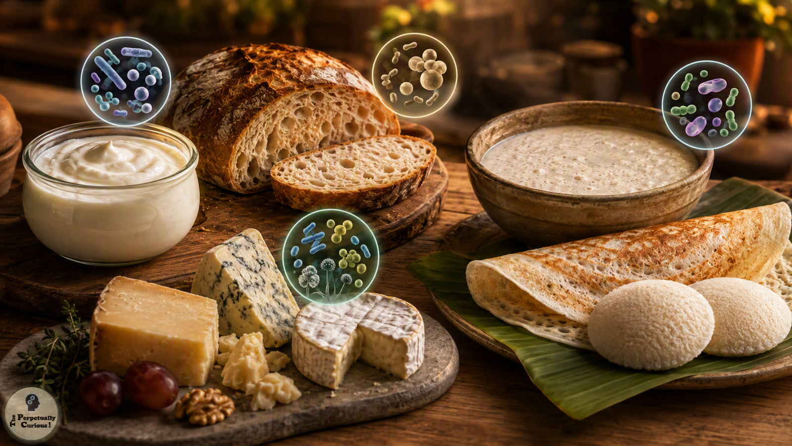 Photorealistic view of yogurt, sourdough bread, fermented rice-and-pulse batter with dosa and idli, and several cheeses in a warm kitchen setting, with stylized microbial callouts above the foods.