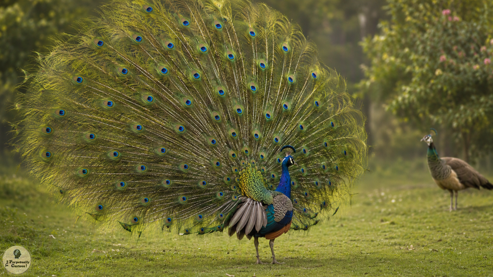 Photorealistic view of a male Indian peafowl displaying its broad eye-spotted train, with the shorter true tail feathers visible beneath the train and a peahen standing in the background.