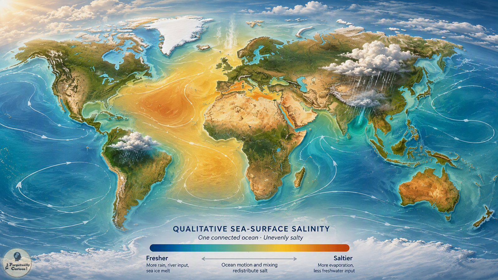 Illustration of global sea-surface salinity, with the Atlantic shown generally saltier than the Pacific and freshwater, evaporation, currents, and mixing shaping regional differences.