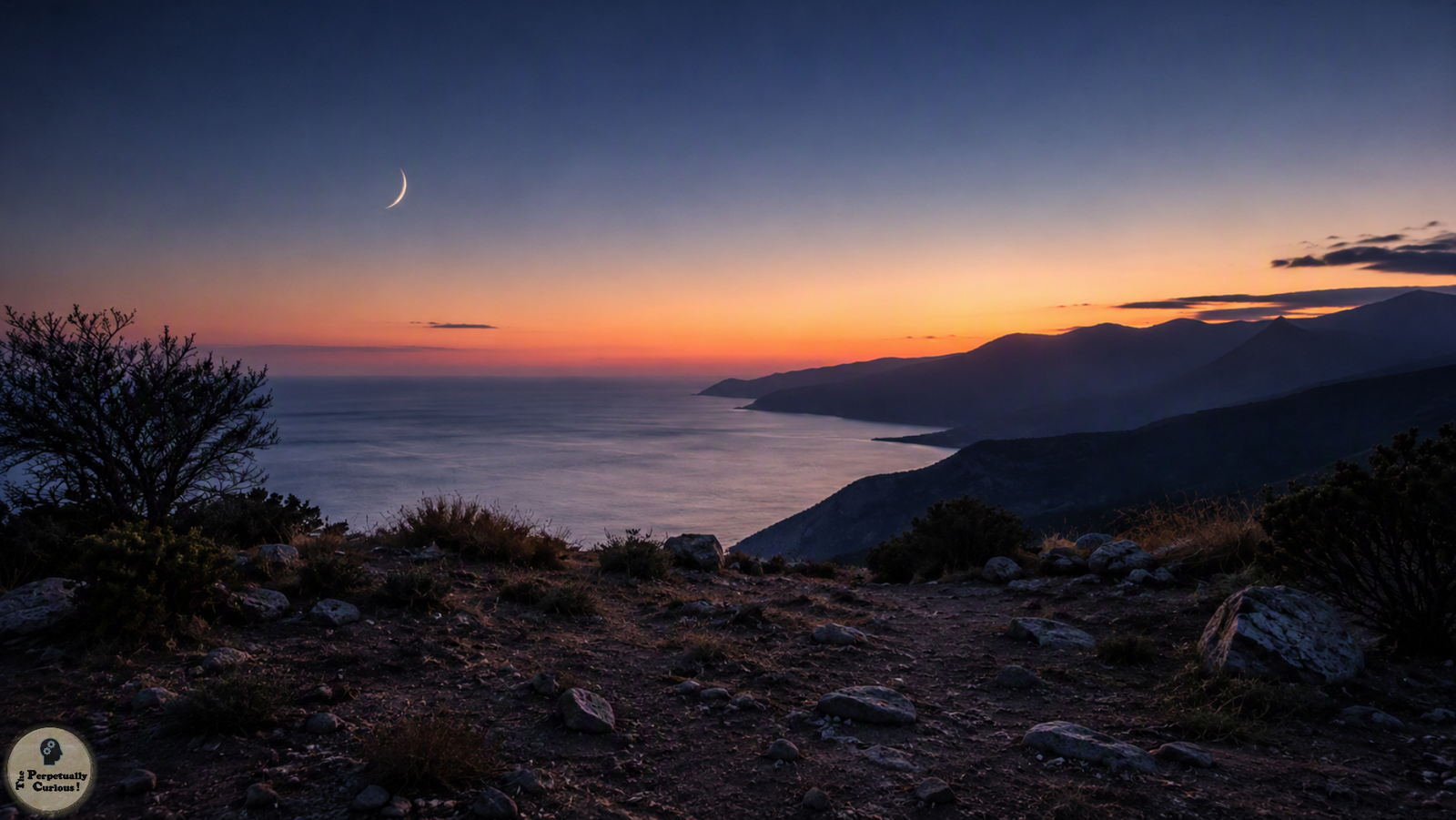 Photorealistic view of a thin crescent Moon above a coastal mountain landscape in evening twilight, with a rocky foreground and fading orange light along the horizon.
