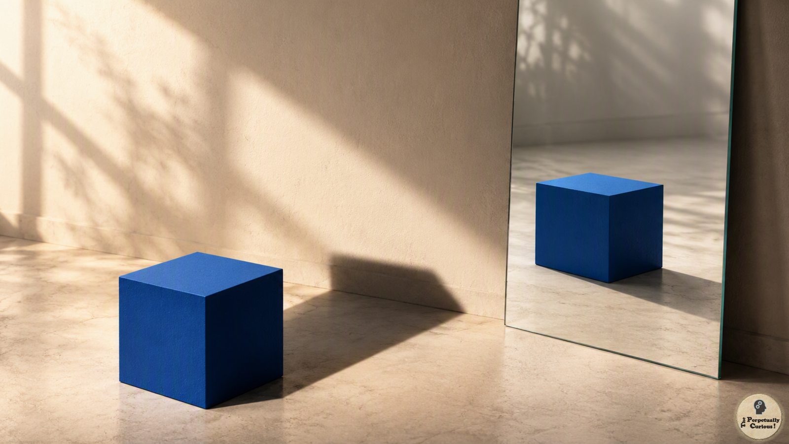 Photorealistic view of a matte blue cube in directional sunlight, casting a dark floor shadow beside a mirror that shows a clear reflected image of the cube.