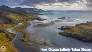 Photorealistic view of a braided river winding through gravel bars and rugged coastal hills before reaching the open ocean beneath layered clouds.