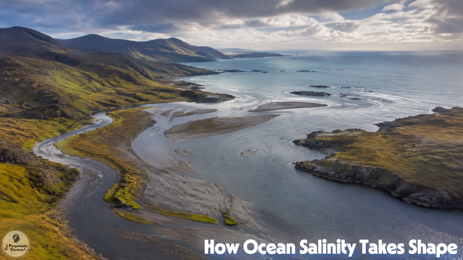Photorealistic view of a braided river winding through gravel bars and rugged coastal hills before reaching the open ocean beneath layered clouds.