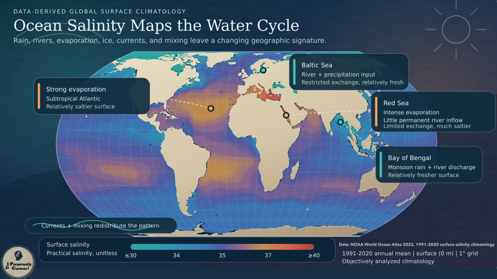 Data visualization of global annual mean surface salinity, with regional patterns mapped and callouts for the Baltic Sea, Red Sea, subtropical Atlantic, and Bay of Bengal.