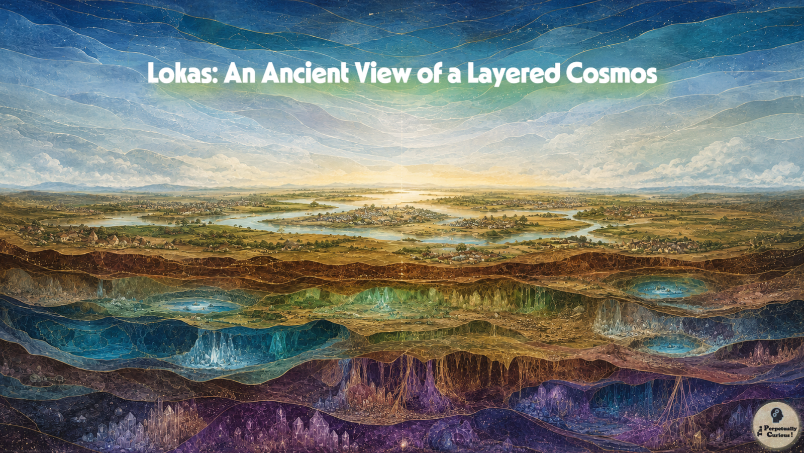 Illustration of layered cosmic regions surrounding an inhabited middle world, with luminous upper spaces and mineral-toned lower realms.