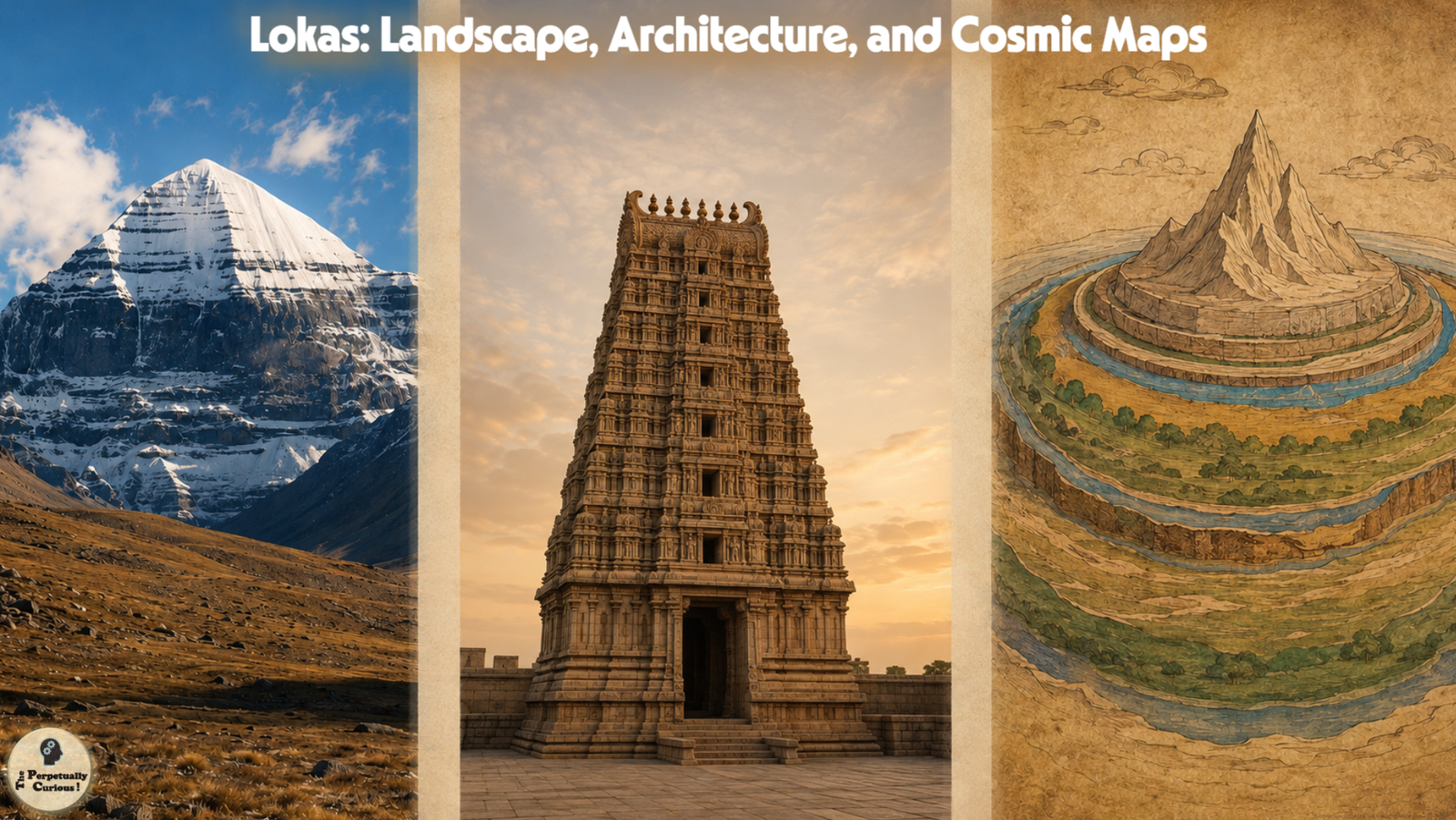 Rendering of a triptych showing Mount Kailash, a South Indian temple tower, and an interpretive cosmographic study centered on a mountain.