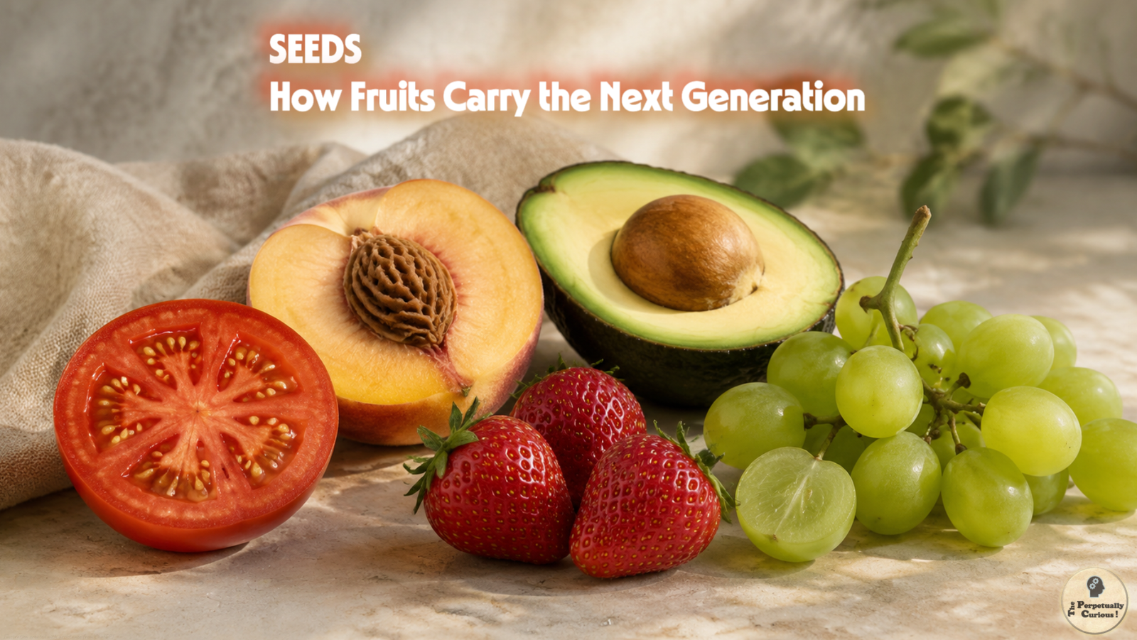 Photorealistic view of a tomato, peach, avocado, strawberry, and seedless grapes arranged in soft natural light, with contrasting fruit and seed structures clearly visible.