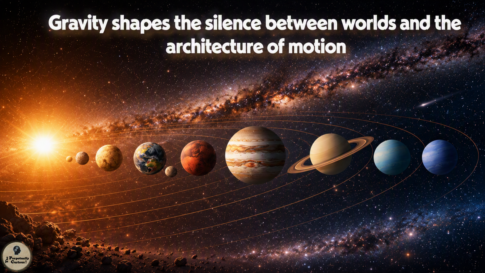 Illustration of the Sun and stylized Solar System worlds arranged across glowing orbital paths against a dense star field and Milky Way backdrop, presenting gravity as a force shaping planetary motion.