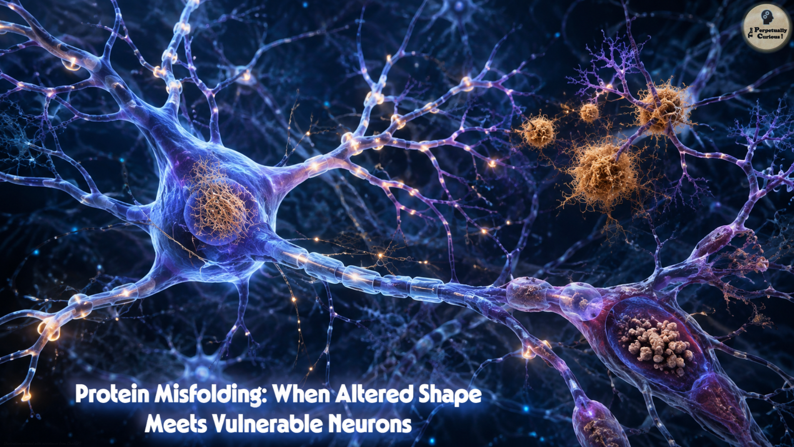 Illustration of interconnected neurons surrounded by altered protein forms and aggregates in a dark cellular environment, representing protein misfolding and neuronal vulnerability.