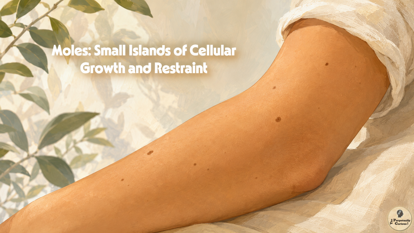 Editorial illustration of a bent human arm with several ordinary melanocytic moles, set against a softly painted botanical background.