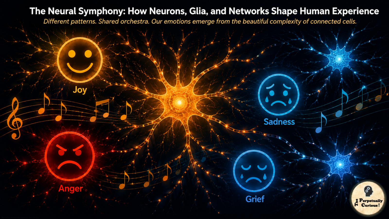 Rendering of interconnected neural networks representing human emotions, with glowing neurons, symbolic emotional patterns, and musical motifs illustrating coordinated activity across brain networks.