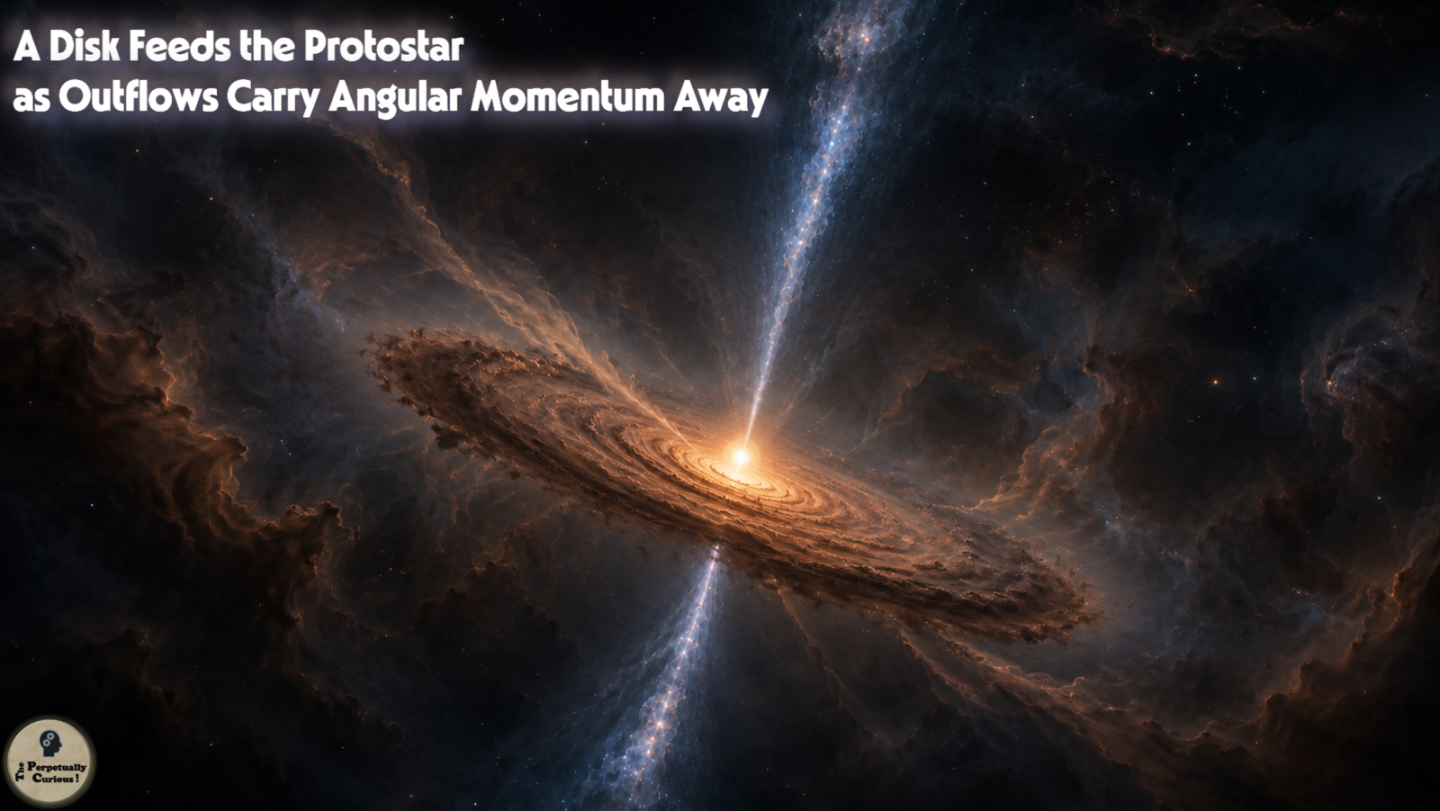 Astrophysical illustration of a young protostar surrounded by an inclined dusty accretion disk, with two opposing outflows extending along its rotation axis.