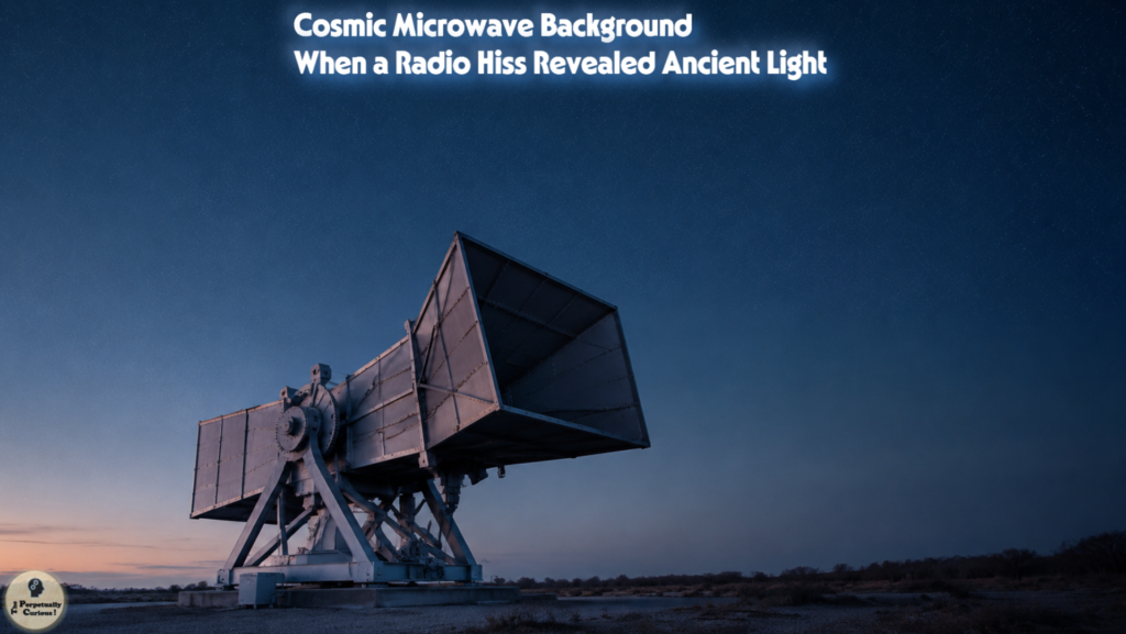 Historical rendering of a large metal radio-horn antenna beneath a deep blue predawn sky, representing the accidental discovery of the cosmic microwave background.
