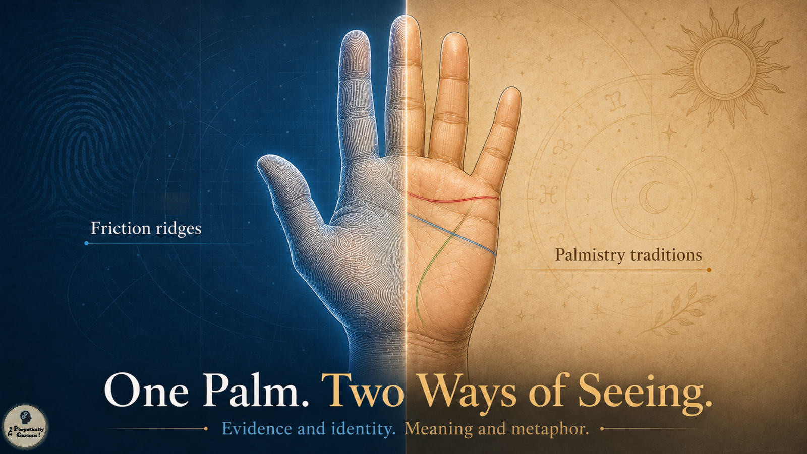 Illustration of one palm showing how the same visible patterns became part of two different traditions of reading the hand, from forensic identification to cultural symbolism.