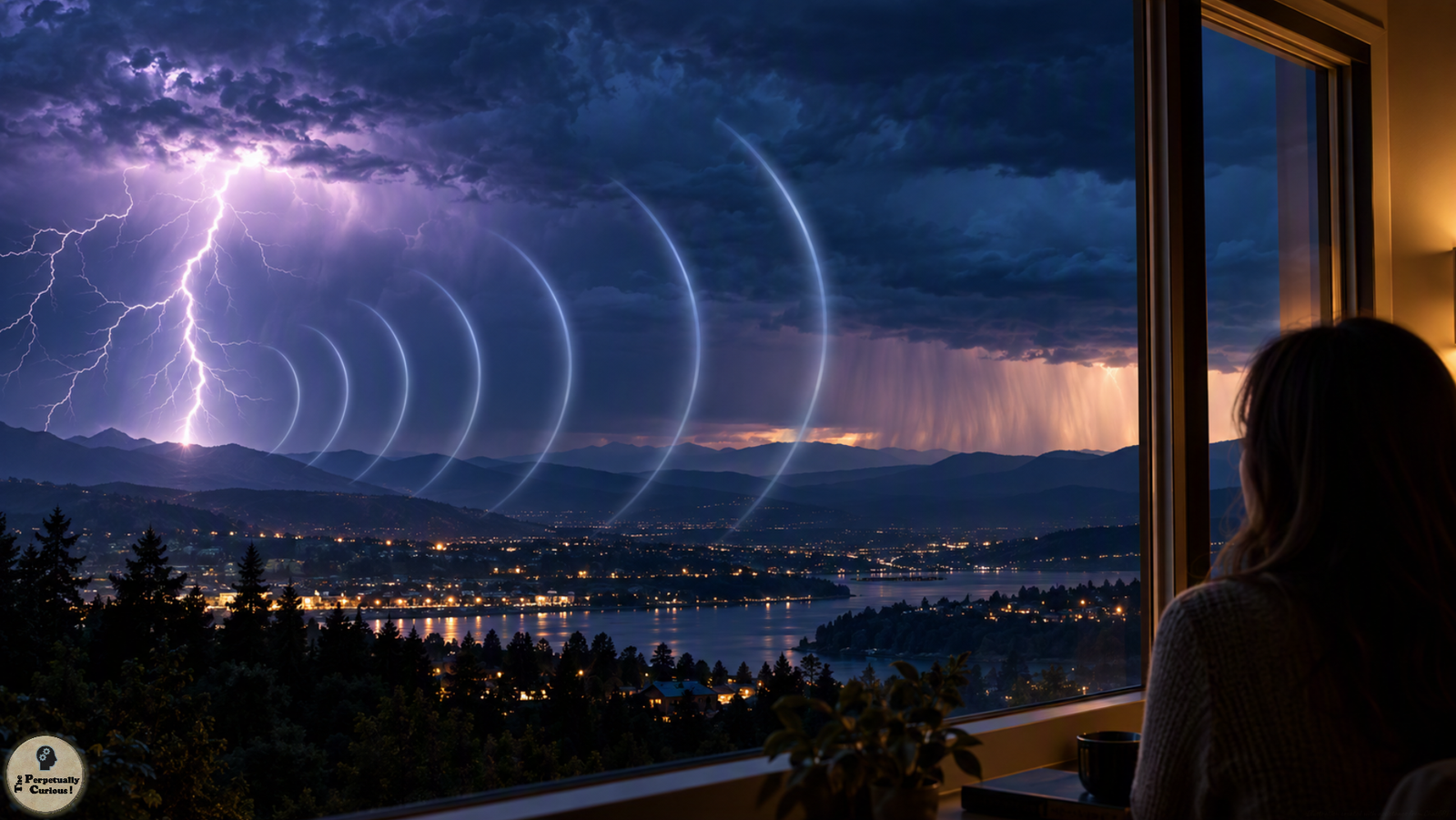 Rendering of lightning over a distant storm valley, with translucent arcs illustrating thunder propagation toward an observer seated indoors beside a window.