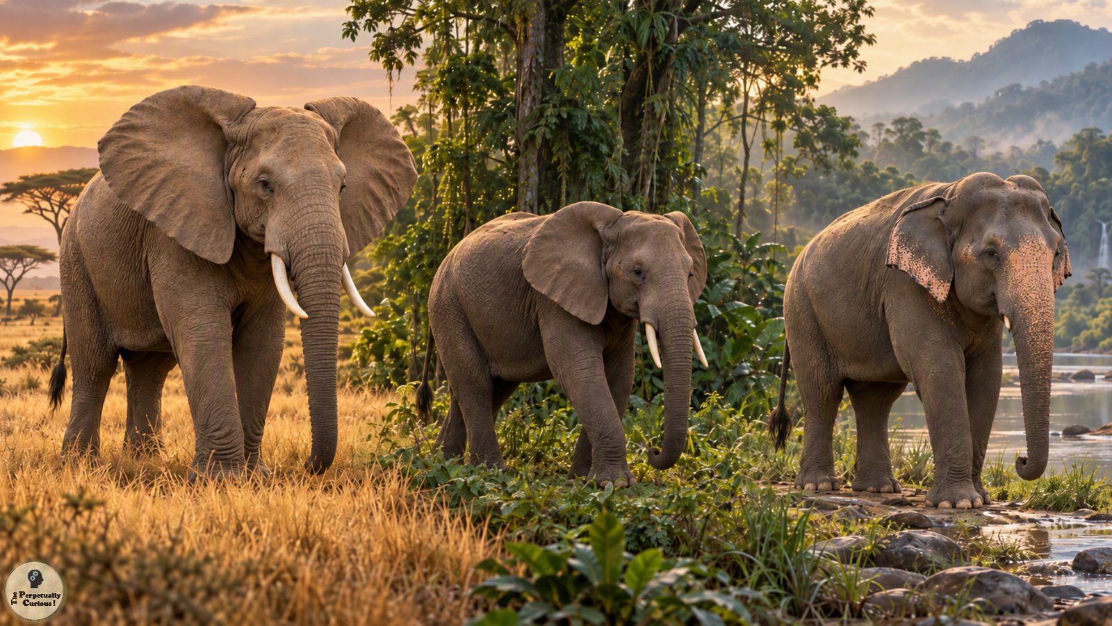 Photorealistic view of adult male African savanna, African forest, and Asian elephants in a conceptual side-by-side comparison across blended savanna and forest settings, with visible differences in ear size, body build, tusks, and head shape.