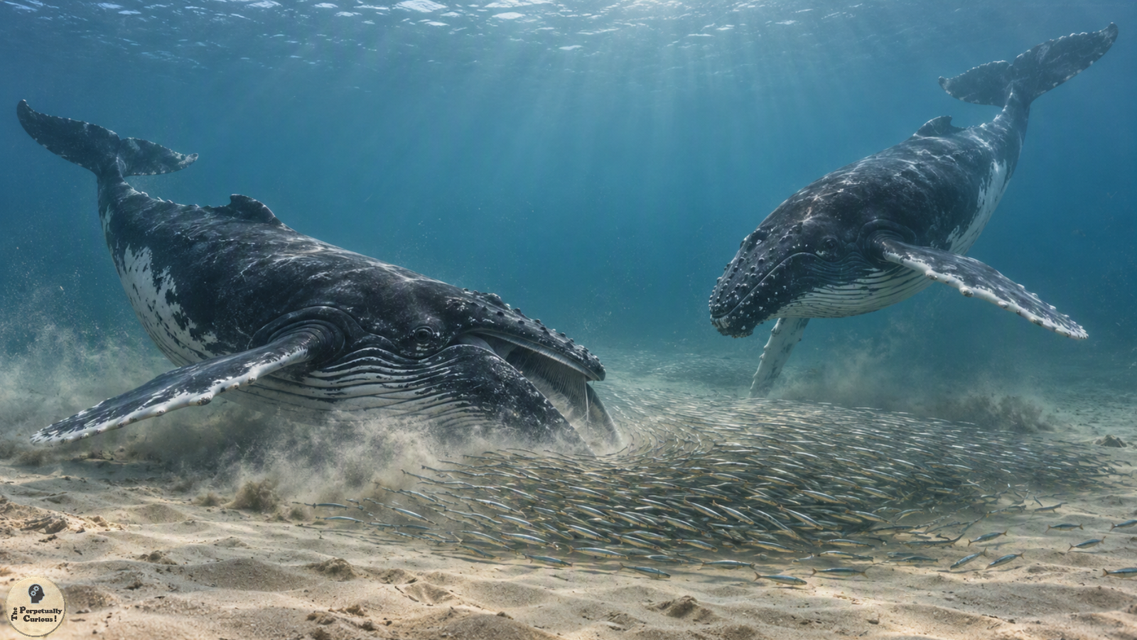 Illustration of two adult humpback whales converging on a dense school of slender fish immediately above a sandy seafloor.