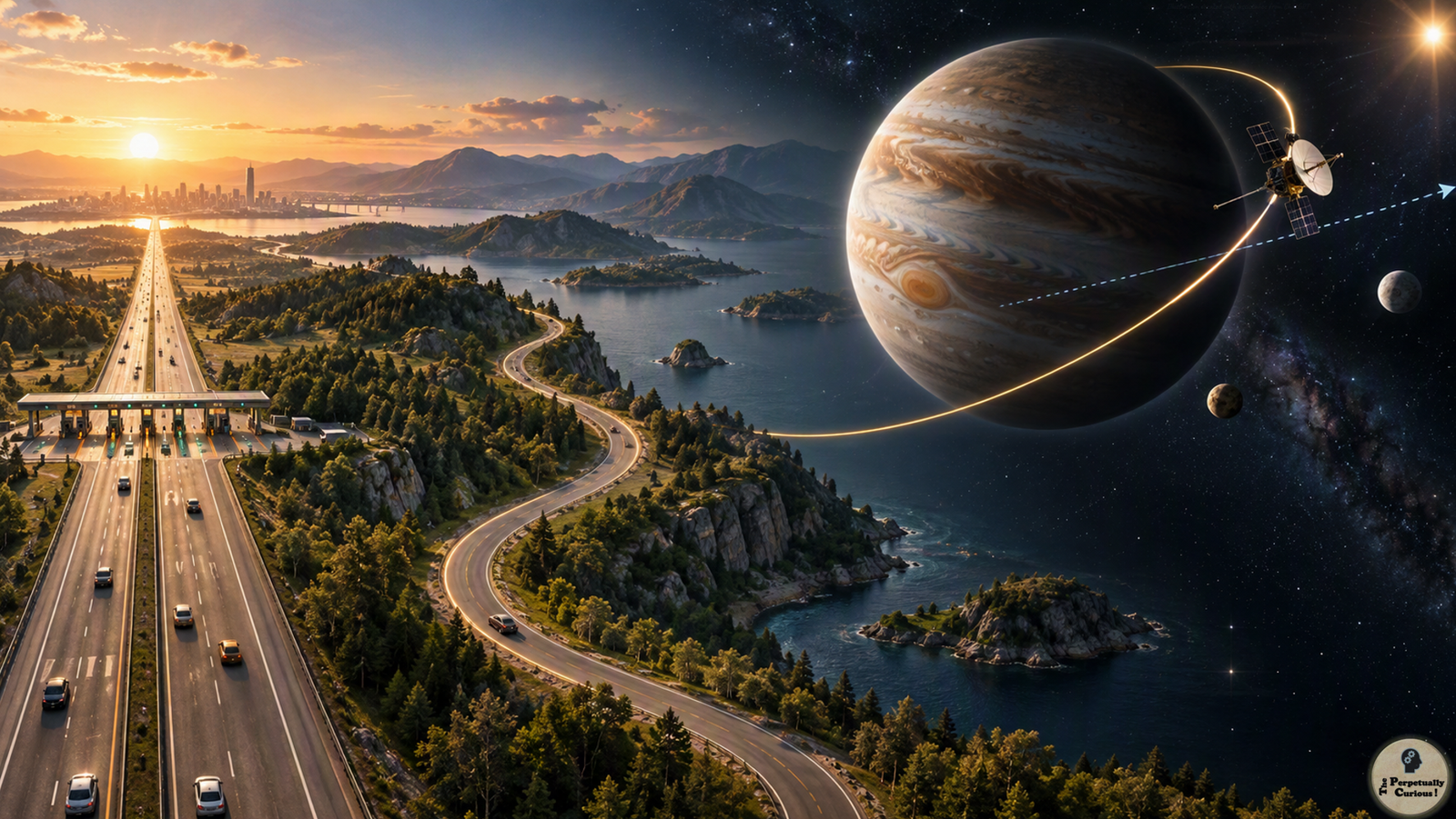 Rendering of two route choices, from a toll-road bypass on Earth to a generic spacecraft curving around Jupiter, illustrating how the most direct path is not always the most resource-efficient.