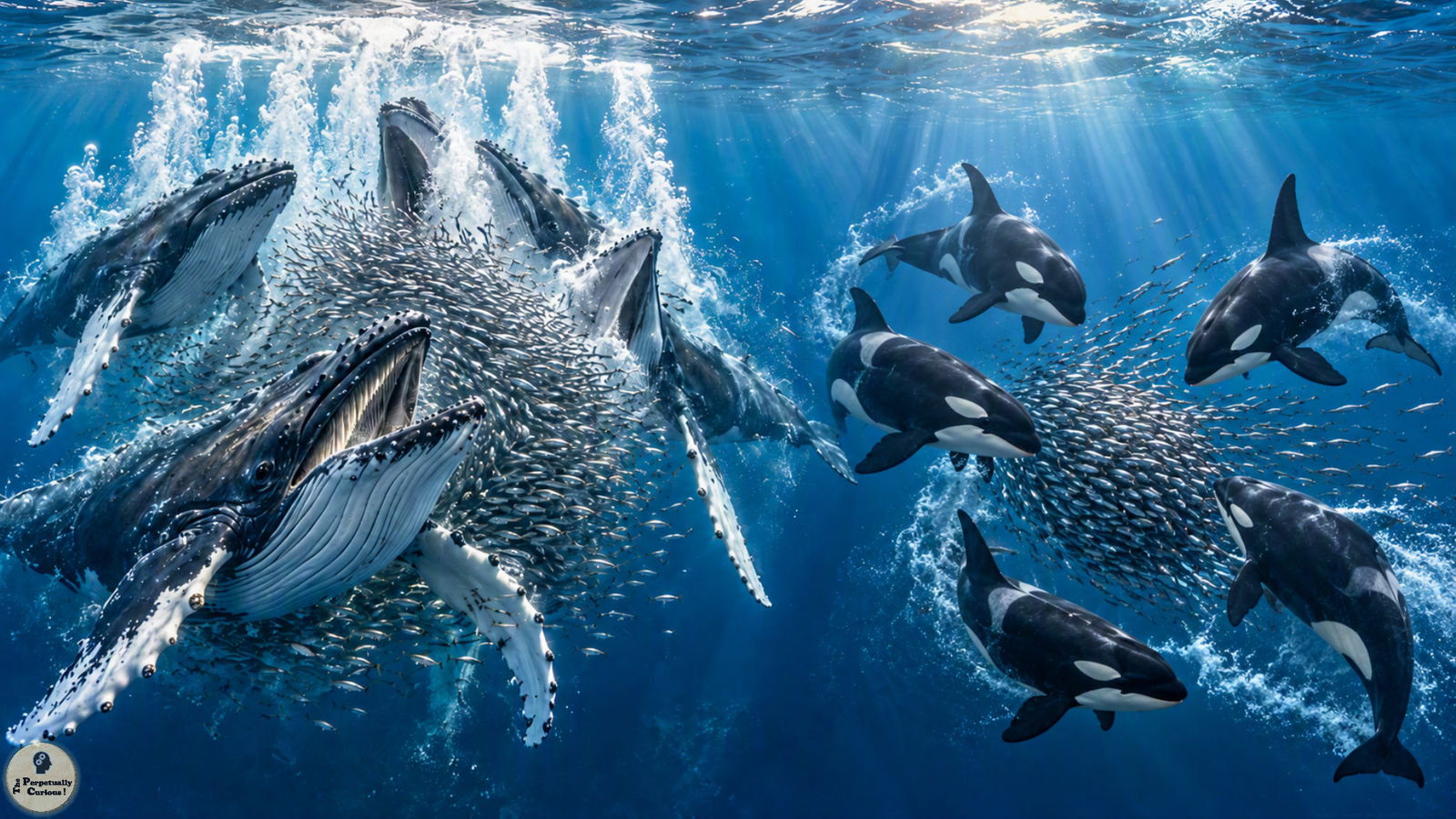 Rendering of humpback whales lunging through a dense school of fish within a bubble curtain on the left, with a group of orcas pursuing schooling fish on the right.