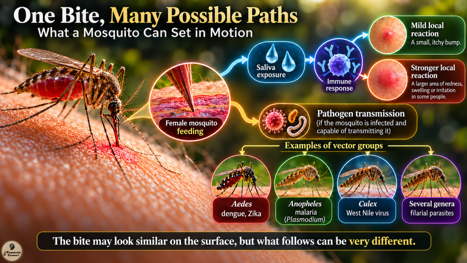 Illustration showing a blood-feeding female mosquito on human skin with branching pathways for saliva exposure, immune response, mild and stronger local reactions, and conditional pathogen transmission linked to Aedes, Anopheles, Culex, and several mosquito genera.