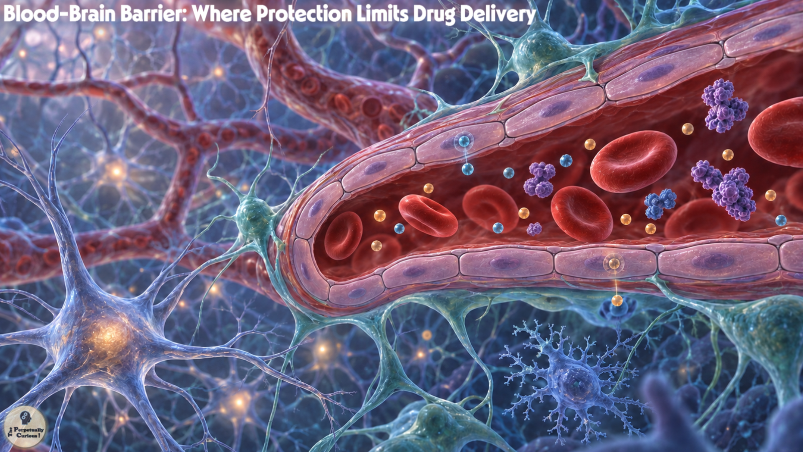 Scientific rendering of a brain microvessel surrounded by neural cells, with red blood cells and therapeutic molecules encountering its tightly joined endothelial lining.