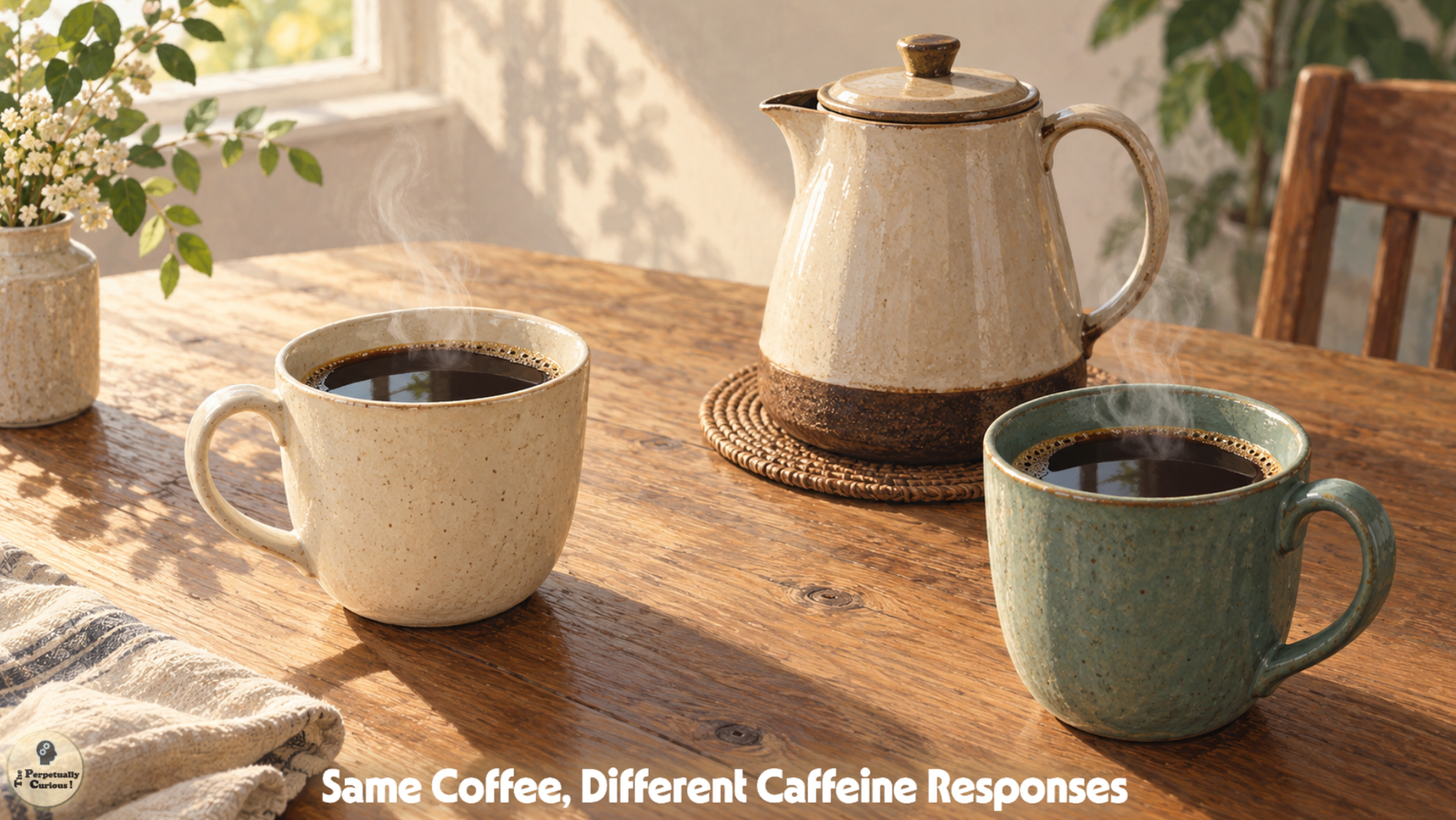 Illustration: Two ceramic cups of black coffee sit beside a shared serving pot on a sunlit wooden table, with steam rising above the cups.