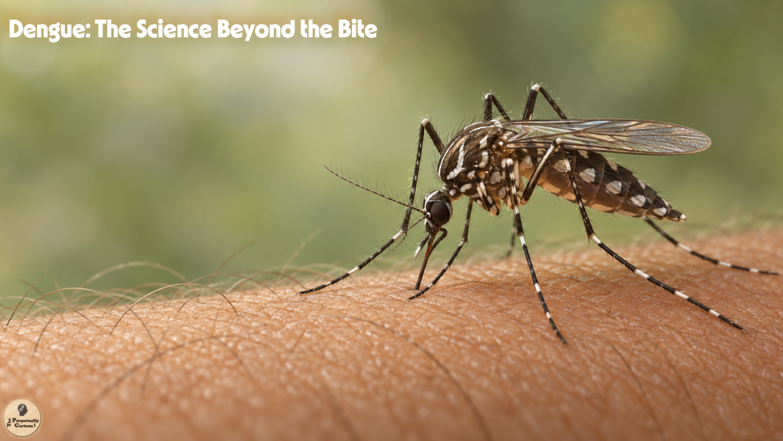Illustration of a female Aedes mosquito feeding on human skin, with white-banded legs and translucent wings against a softly blurred green background.