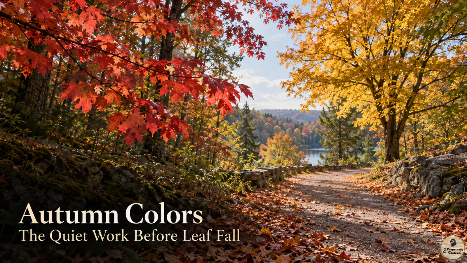 Photorealistic view: Red leaves frame a sunlit path, a golden tree stands nearby, and brown fallen leaves lie across the ground.