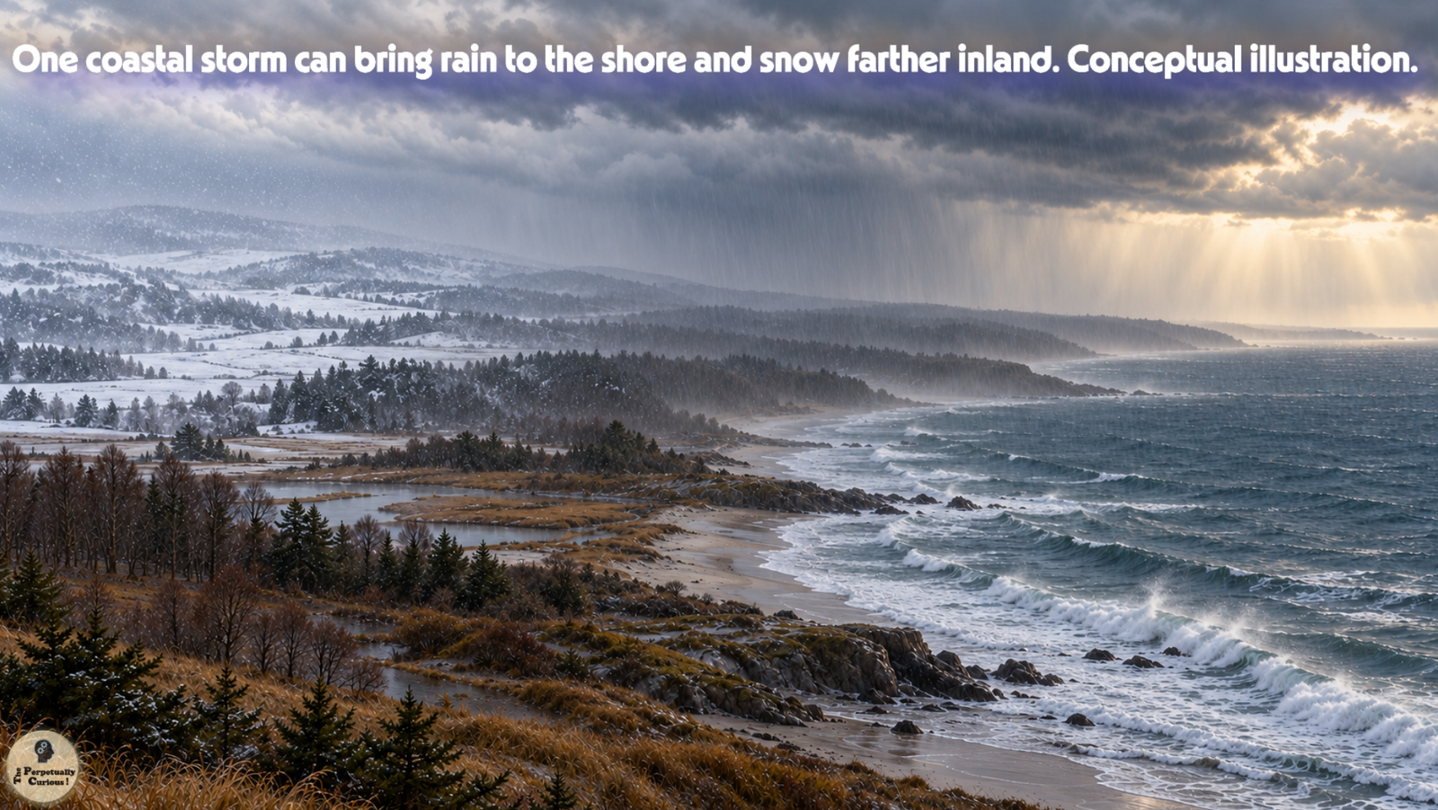 Illustration of a broad storm cloud deck above a rough Atlantic shoreline, with rain near the coast and snow falling farther inland.