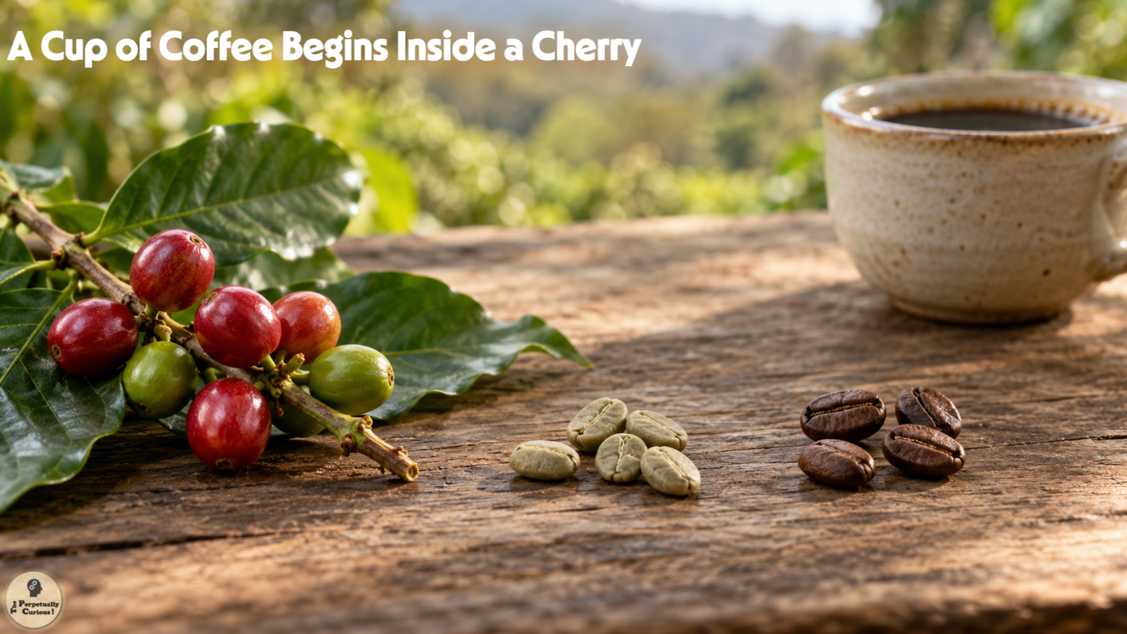 Photorealistic view of red and green coffee cherries on a leafy branch beside unroasted seeds, roasted beans, and a cup of black coffee.