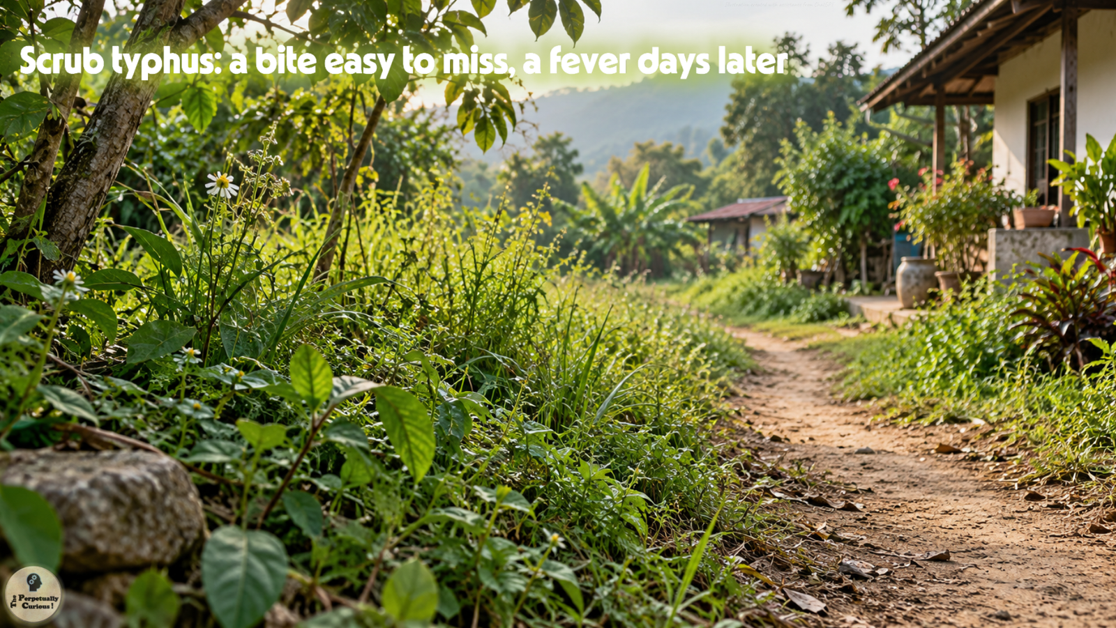 Rendering: A sunlit dirt path passes dense vegetation and homes. The overlay reads, “Scrub typhus: a bite easy to miss, a fever days later.”